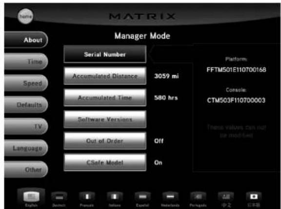 MATRIX About Time Speed Defaults TV Language Other Manager Mode Serial Number Accumulated Distance 3059 mi Accumulated Time 580 hrs Software Versions Out of Order Off On Platform FFTM501E110700168 Console: CTM503F110700003 These values can not be modified CSafe Model English Detect Precais Isolation External Redentards Portugalis 中文 日本語