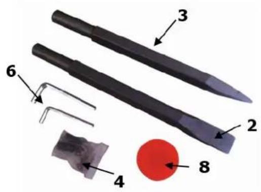 Labeled diagram of mechanical tools and components, including a cutting tool, weights, and a red circular component.