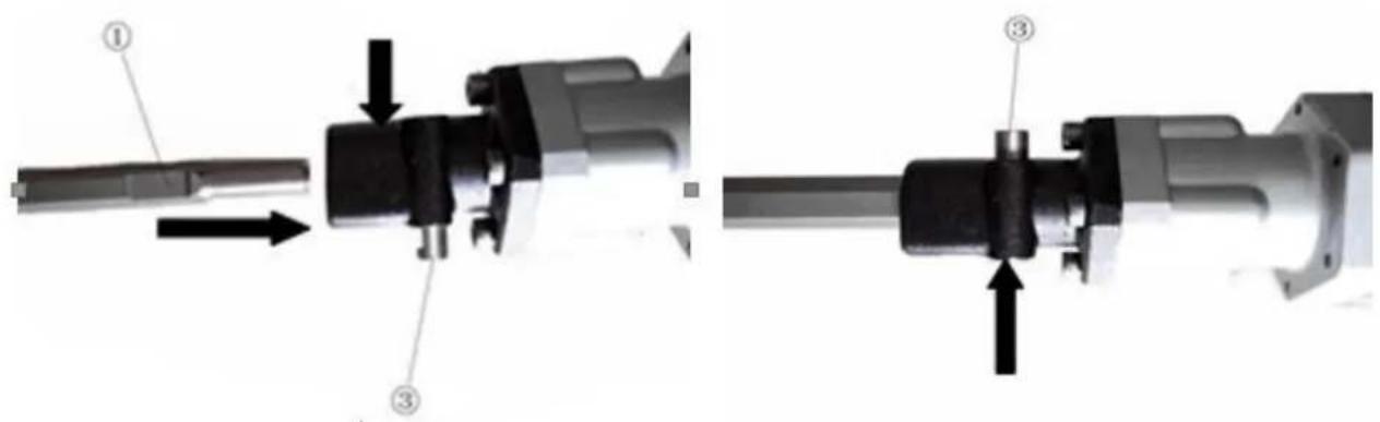 Technical diagram showing mechanical assembly steps with numbered components and directional arrows indicating motion or movement.