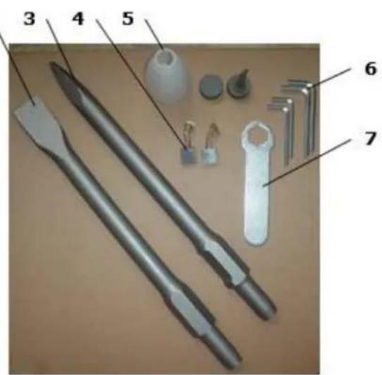 Labeled diagram of a mechanical tool set with numbered parts for identification