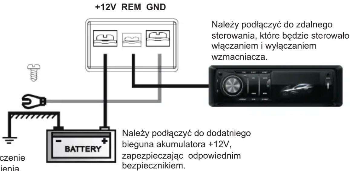 +12V REM GND Należy podłączyć do zdalnego sterowania, które będzie sterowało włączaniem i wyłączaniem wzmacniacza. BATTERY Należy podłączyć do dodatniego bieguna akumulatora +12V, zapezpieczając odpowiednim bezpiecznikiem.