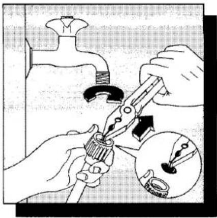 Diagram illustrating hand tool application on a faucet, showing step-by-step installation with magnified detail