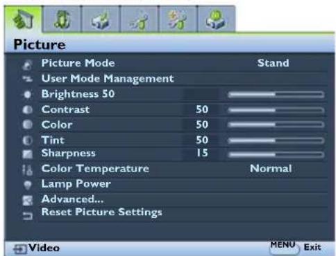 Picture Picture Mode Stand User Mode Management Brightness 50 Contrast 50 Color 50 Tint 50 Sharpness 15 Color Temperature Normal Lamp Power Advanced... Reset Picture Settings Video MENU Exit