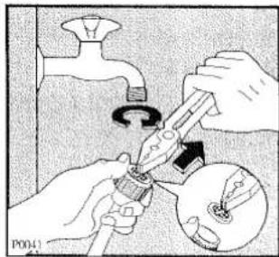 Diagram illustrating a mechanical or electrical procedure with hands using a tool to adjust components, including a valve and rotating dial.