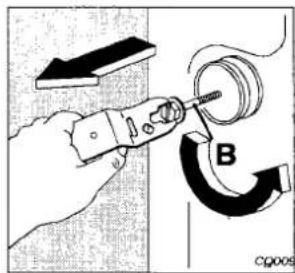 Diagram showing a hand using a tool to interact with a circular component labeled B, with an arrow indicating direction and label 'cp005' at the bottom.