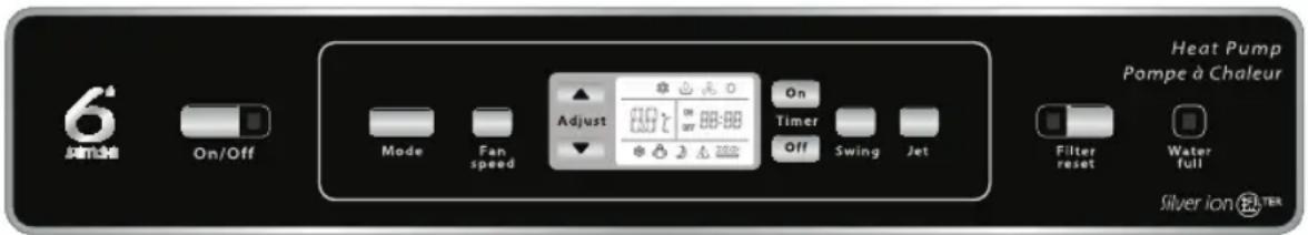 6° On/Off Mode Fan speed Adjust 8.07 °C 88:98 On Timer Off Swing Jet Filter reset Water full Heat Pump Pompe à Chaleur Silver ion FILTER