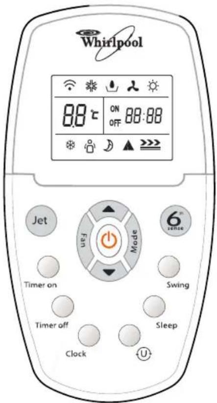 Whirlpool 88°C ON 88:88 OFF Mode 6° sense Jet Fan Timer on Swing Timer off Sleep Clock U