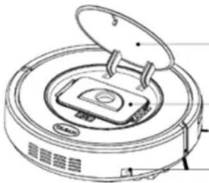Line drawing of a vacuum cleaner with open lid and internal components (no text or symbols)