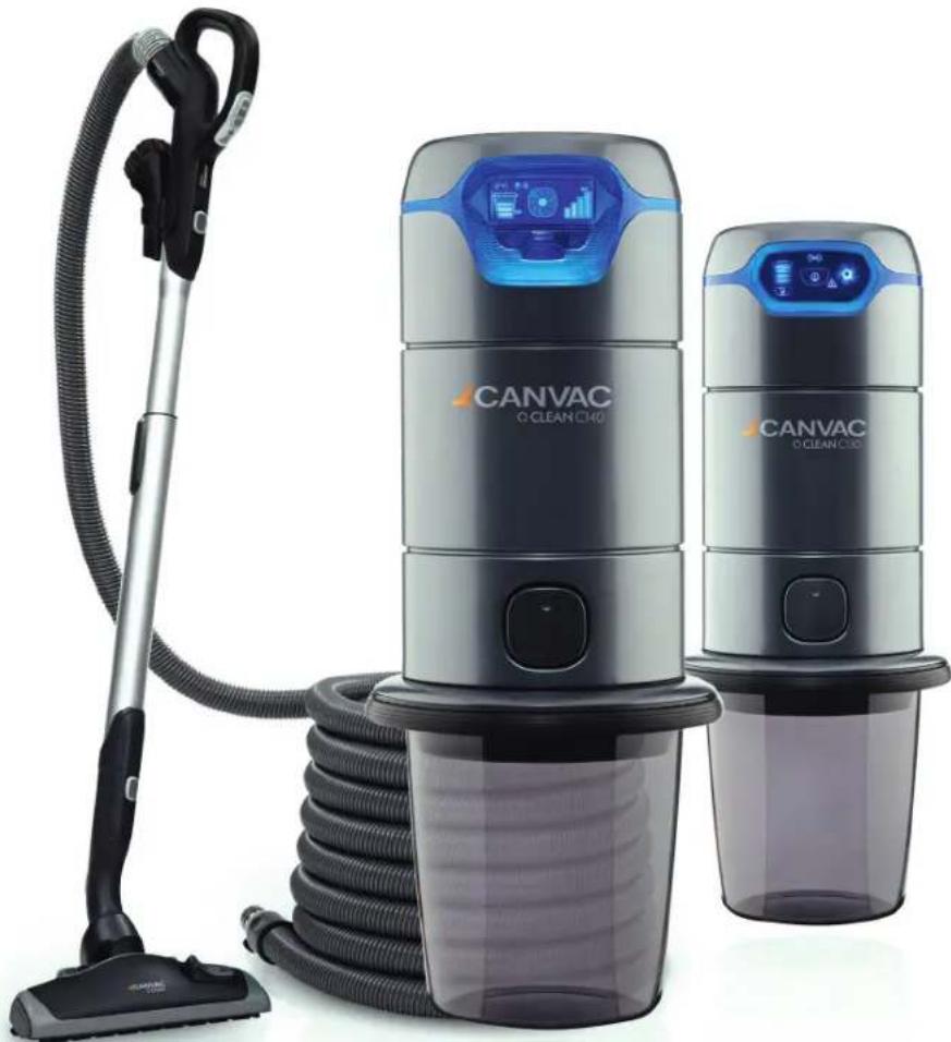 Exterior view of two CanVac C CLEAN CO40 vacuum cleaner units with attached hose and cord (no signage or text beyond branding)