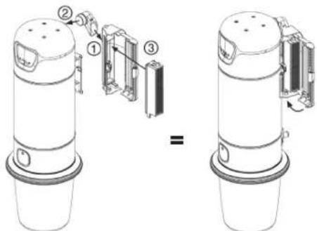 Diagram showing two views of a device with labeled components and an equals sign indicating equivalence or modification.