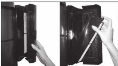 Two-panel image showing hands holding a black plastic device with a tool, no visible text or symbols