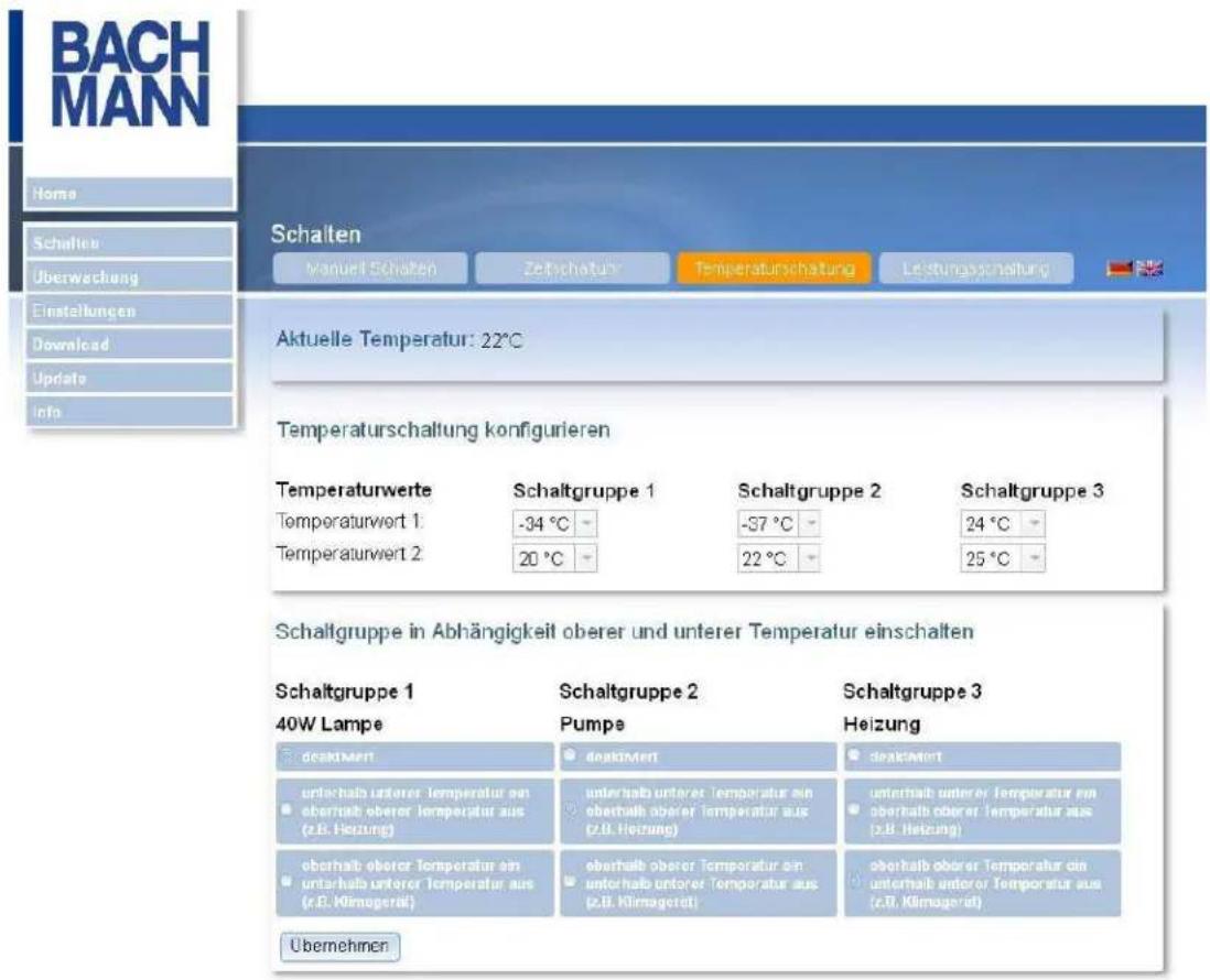 BACH MANN Home Schalten Überwachung Einstellungen Download Update Info Schalten Manuell Schalten Zeitschatur Temperaturschatung Leistungsschaltung Aktuelle Temperatur: 22°C Temperaturschaltung konfigurieren Temperaturwerte Temporaturwort 1: -34 °C -37 °C 24 °C Temperaturwert 2: 20 °C 22 °C Schaltgruppe 3 Schaltgruppe 2 Schaltgruppe 1 Schaltgruppe 1 Schaltgruppe 2 Schaltgruppe 3 24 °C 25 °C Schaltgruppe in Abhängigkeit oberer und unterer Temperatur einschalten Schaltgruppe 1 40W Lampe Schaltgruppe 2 Pumpe Schaltgruppe 3 Heizung deaktiviert deaktiviert deaktiviert unterhalb unterer Temperatur an oberthalb oberer Temperatur aus (z.B. Heizung) unterhalb unterer Temperatur ein oberthalb oberer Temperatur aus (z.B. Heizung) unterhalb unterer Temperatur ein oberthalb oberer Temperatur aus (z.B. Klimagerät) oberthalb oberer Temperatur ein unterhalb unterer Temperatur aus (z.B. Klimagerät) oberthalb oberer Temporatur ein unterhalb unterer Temporatur aus (z.B. Klimagerät) Übernehmen