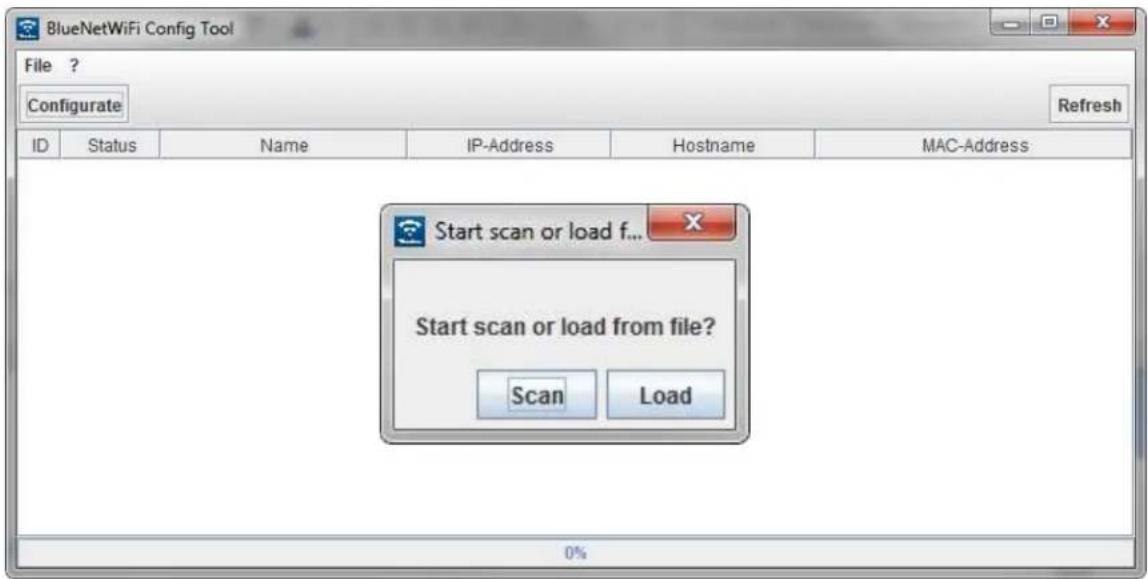 BlueNetWiFi Config Tool File ? Configure ID Status Name IP-Address Hostname MAC-Address Refresh Start scan or load f... Start scan or load from file? Scan Load 0%
