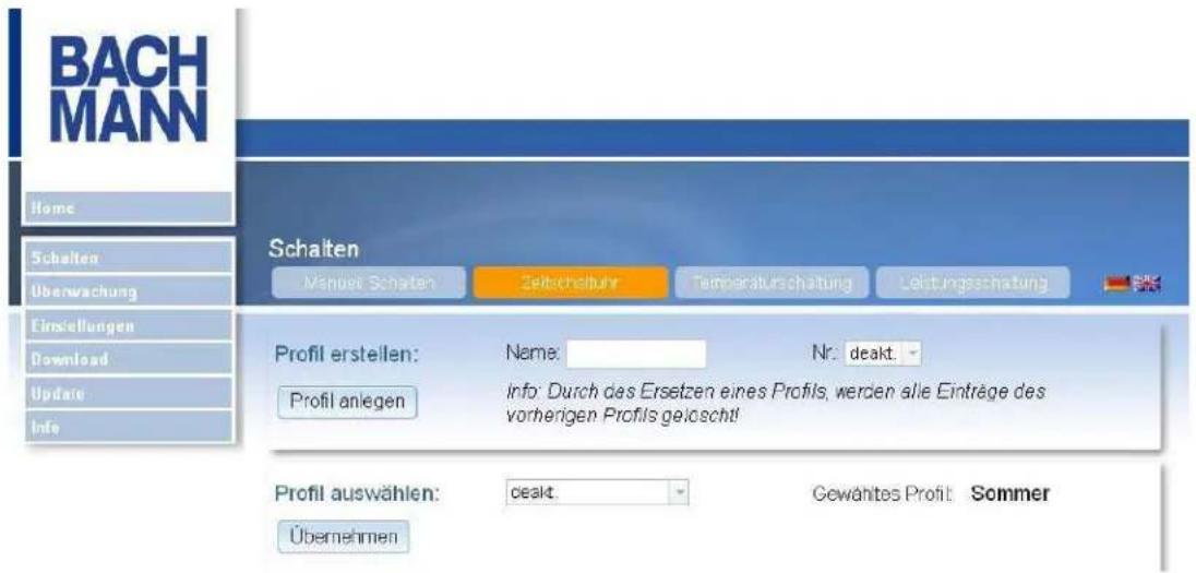 BACH MANN Home Schalten Überwachung Einstellungen Download Update Info Schalten Manuel Schaten Zeitschahrer Temperaturschatung Leistungsschatung Profil erstellen: Name: Nr: deakt. Profil anlegen info: Durch des Ersetzen eines Profils, werden alle Einträge des vorherigen Profils gelöscht! Profil auswählen: deakt. Gewährtes Profit Sommer Übernehmen