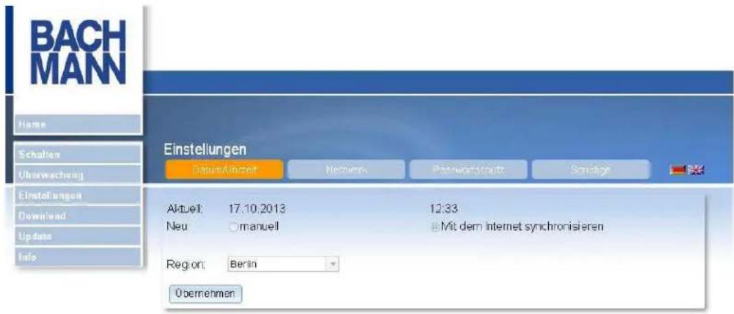 BACH MANN Name Schalten Überwachung Einstellungen Download Update Info Einstellungen Datum/Unizahl Netzern Passwirtschaft Sonstige Aktuell: 17.10.2013 12:33 Neu: Omanuell Mit dem Internet synchronisieren Region: Berlin Obernehmen