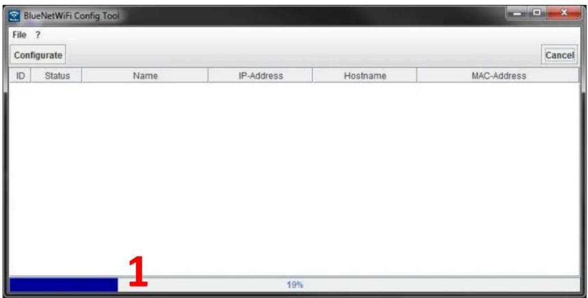 BlueNetWiFi Config Tool File ? Configure Cancel ID Status Name IP-Address Hostname MAC-Address 1 19%
