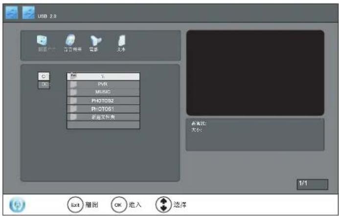 USB 2.0 新资源管理器 语言搜索 图像 文本 C: 1 PVR MUSIC PHOTOS2 PHOTOS1 新建文件夹 新页面: 大小: 1/1 Exit 隐藏 OK 进入 选择
