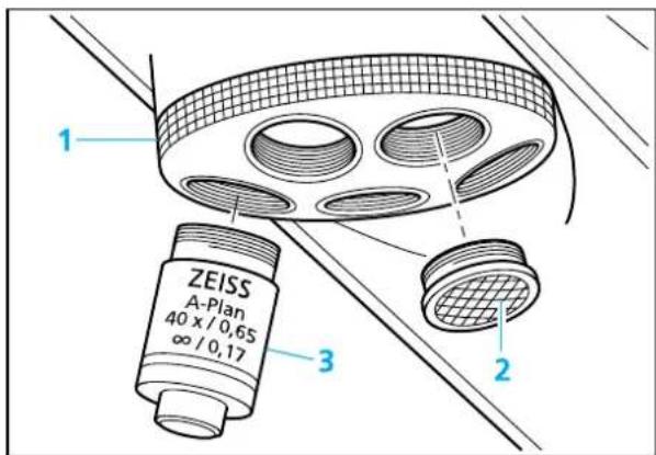 1 ZEISS A-Plan 40 x / 0,65 ∞ / 0,17 2 3
