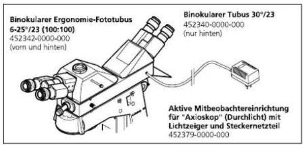 Binokularer Ergonomie-Fototubus 6-25°/23 (100:100) 452342-0000-000 (vorn und hinten) Binokularer Tubus 30°/23 452340-0000-000 (nur hinten) Aktive Mitbeobachtereinrichtung für "Axiokop" (Durchlicht) mit Lichtzeiger und Steckernetzteil 452379-0000-000