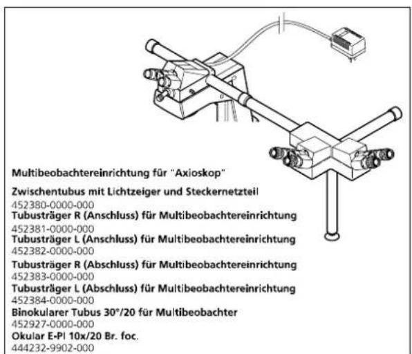 Multibeobachtereinrichtung für "Axioskop" Zwischentubus mit Lichtzeiger und Steckernetzteil 452380-0000-000 Tubusträger R (Anschluss) für Multibeobachtereinrichtung 452381-0000-000 Tubusträger L (Anschluss) für Multibeobachtereinrichtung 452382-0000-000 Tubusträger R (Abschluss) für Multibeobachtereinrichtung 452383-0000-000 Tubusträger L (Abschluss) für Multibeobachtereinrichtung 452384-0000-000 Binokularer Tubus 30°/20 für Multibeobachter 452927-0000-000 Okular E-PI 10x/20 Br. foc. 444232-9902-000