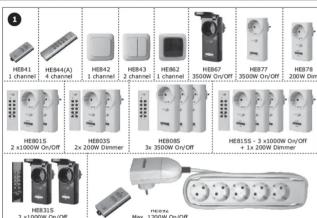 HEB41 1 channel HEB44(A) 4 channel HEB42 1 channel HEB43 2 channel HEB62 1 channel HEB67 3500W On/Off HEB77 3500W On/Off HEB78 200W Dim HEB015 2 x 1000W On/Off HEB025 2x 200W Dimmer HEB005 3x 350W On/Off HEB153 + 3 x 1000W On/Off + 1x 200W Dimmer HEB15 2 x 1000W On/Off HEB15 Max. 350W On/Off