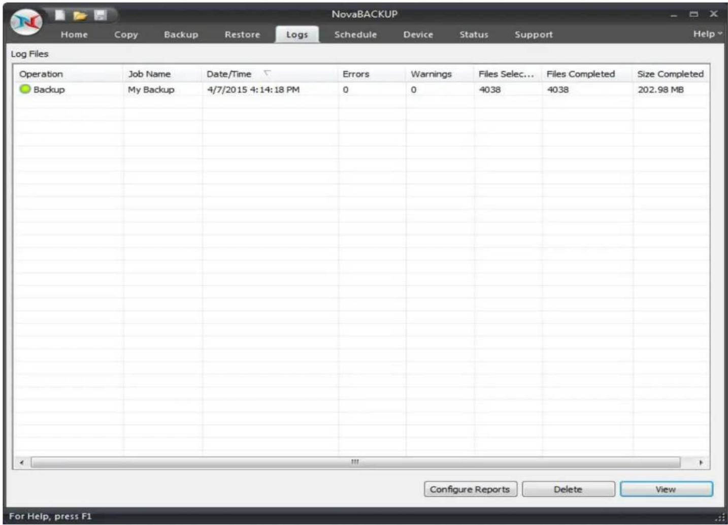 Novastor NovaBACKUP PC - Logs Tab - 1