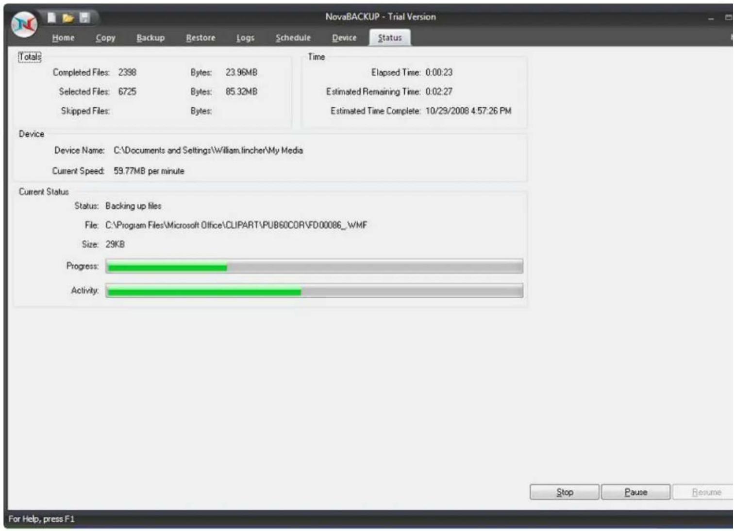 Novastor NovaBACKUP PC - Status Tab - 1