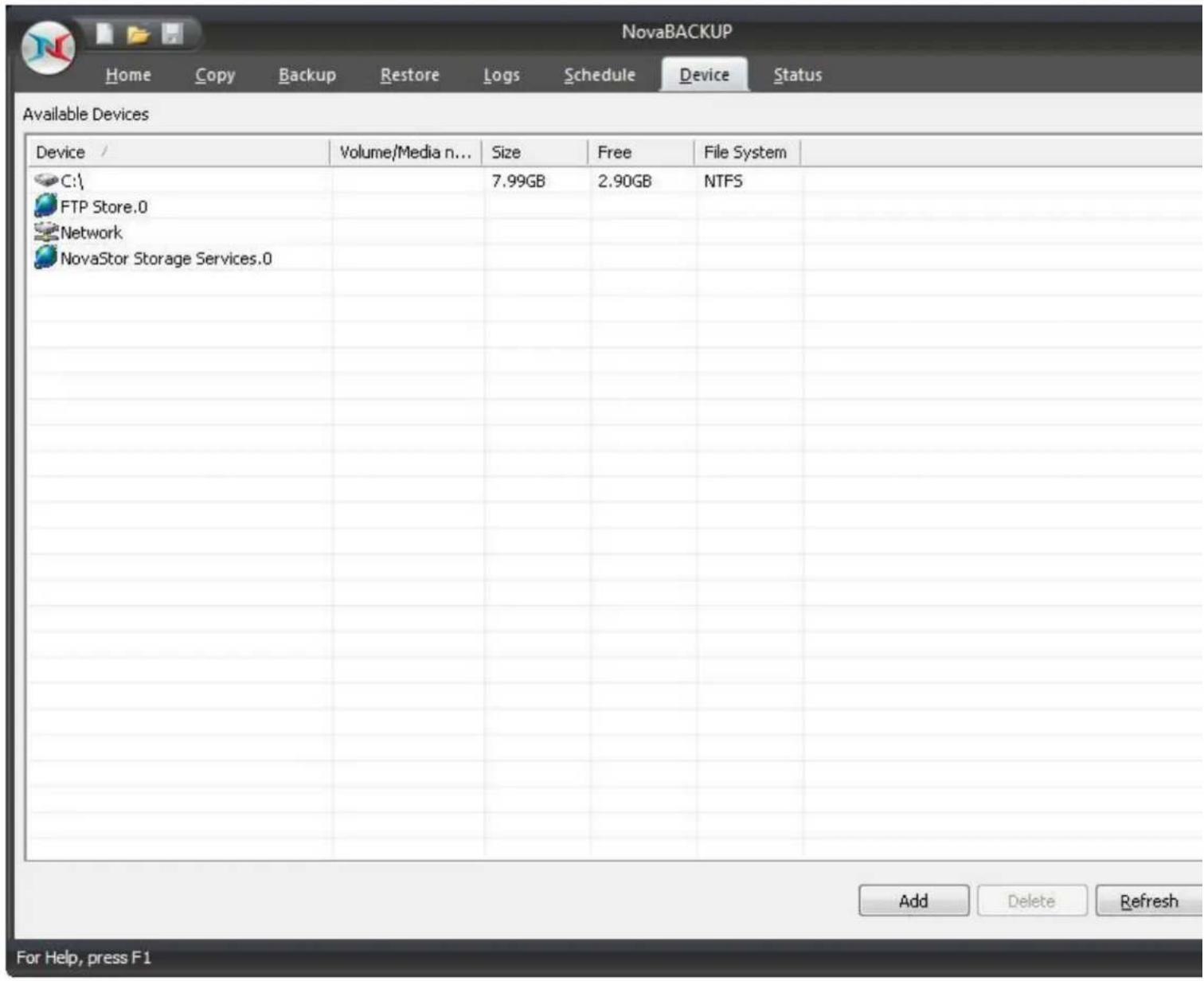 Novastor NovaBACKUP PC - Device Tab - 1