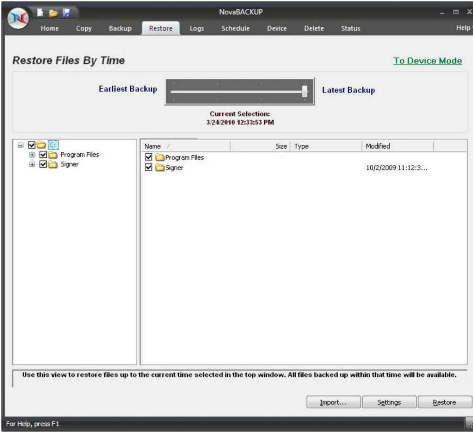 Novastor NovaBACKUP PC - Restore Tab - 1