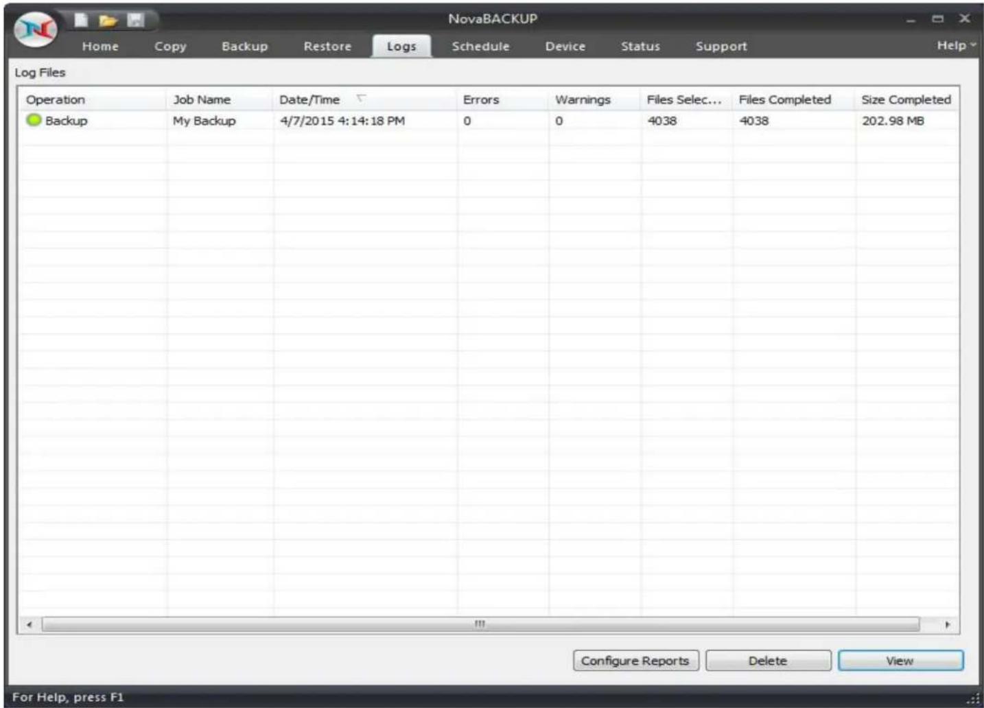 Novastor NovaBACKUP PC - Logs Tab - 1