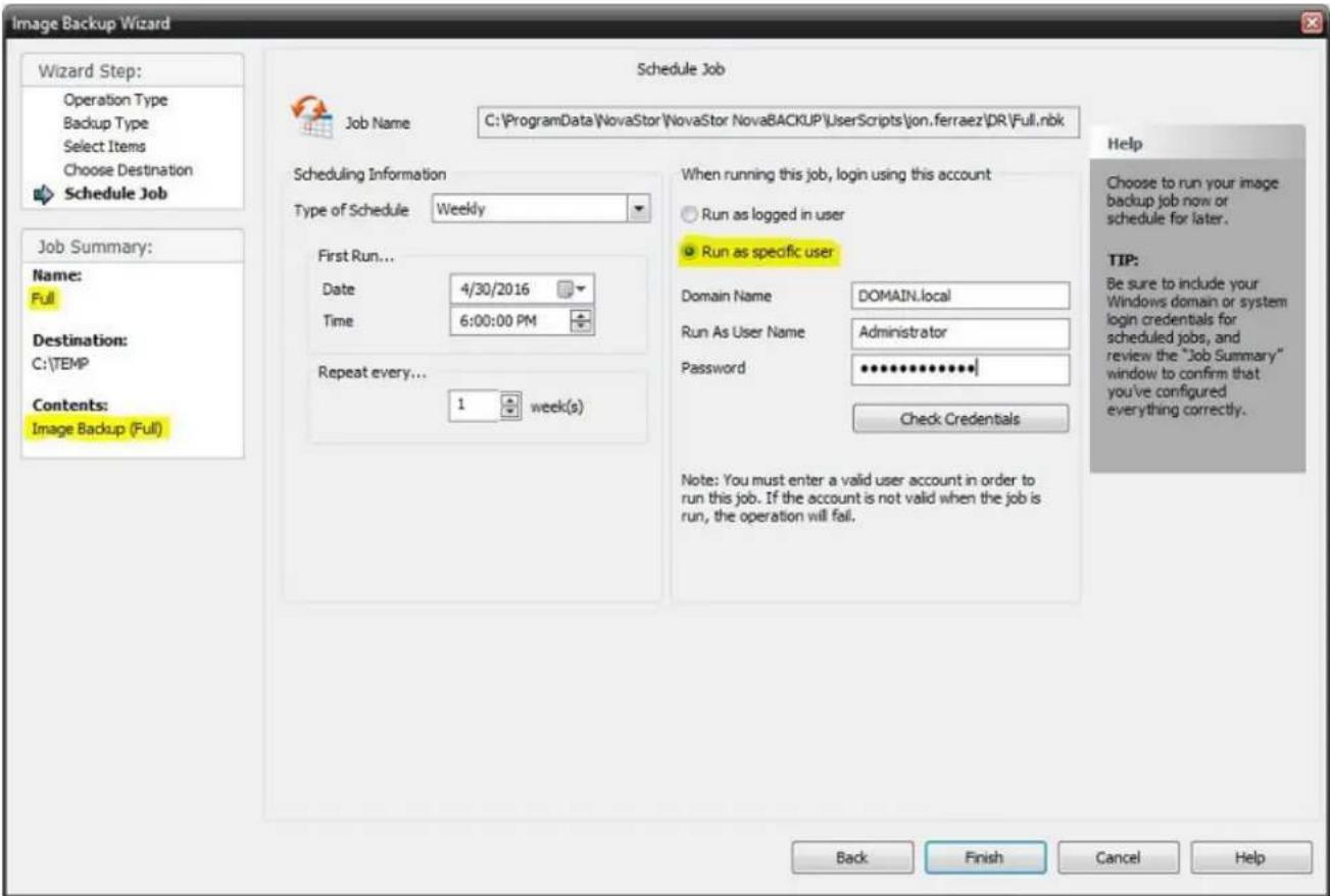 Novastor NovaBACKUP PC - Schedule Options for Full Image Backup job - 1