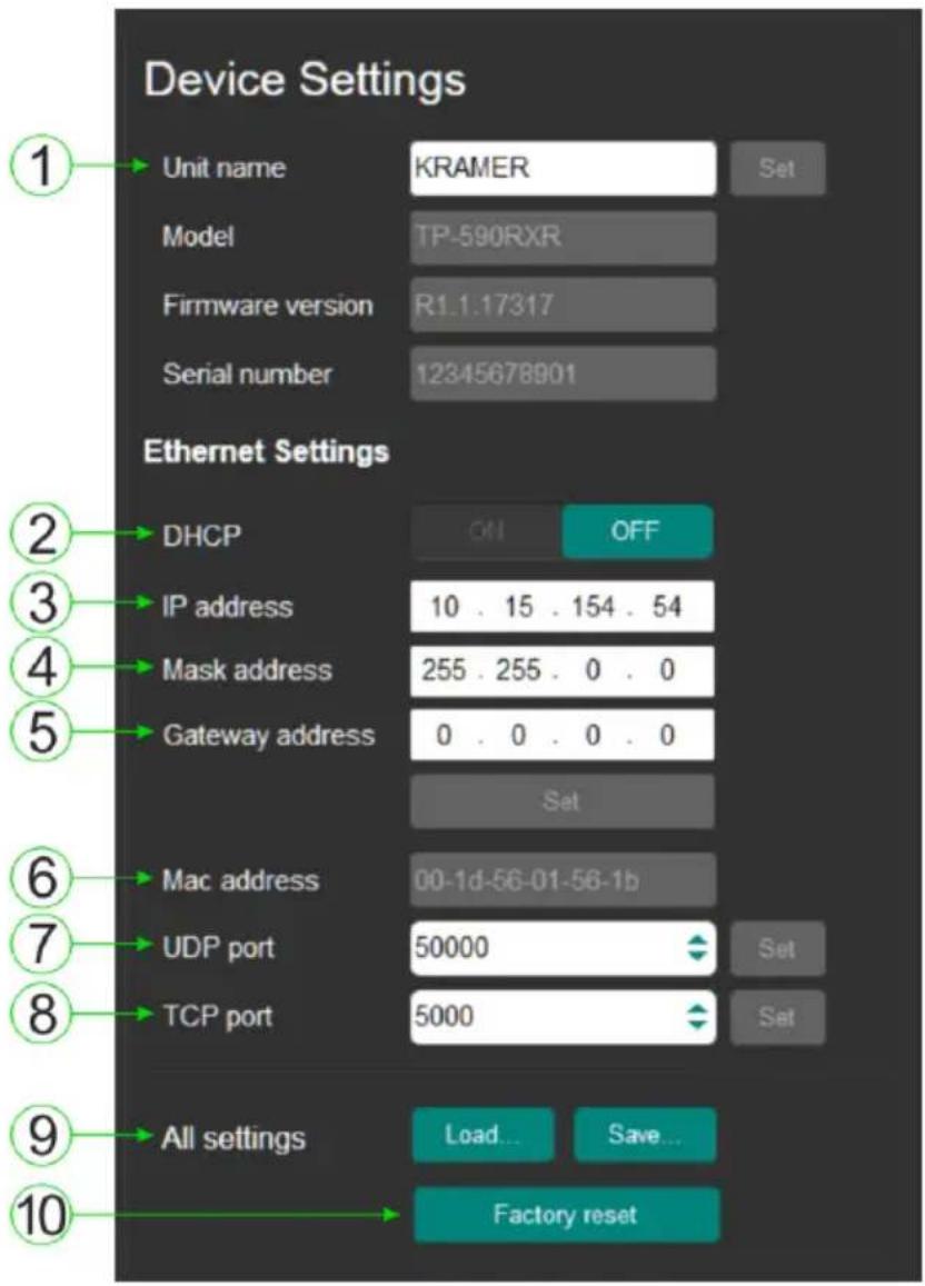 Device Settings Unit name KRAMER Set Model TP-590RXR Firmware version R1.1.17317 Serial number 12345678901 Ethernet Settings DHCP ON OFF IP address 10 . 15 . 154 . 54 Mask address 255 . 255 . 0 . 0 Gateway address 0 . 0 . 0 . 0 Set Mac address 00-1d-56-01-56-1b UDP port 50000 Set TCP port 5000 Set All settings Load... Save... Factory reset
