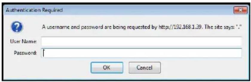 Authentication Required A username and password are being requested by http://192.168.1.39. The site says: "." User Name: Password: OK Cancel