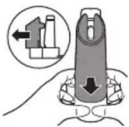 Diagram showing a hand holding a device with a magnified inset highlighting internal components, likely illustrating a mechanical or electrical setup.