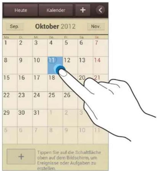 Heute Kalender Sep. Oktober 2012 Nov. Ma Oi Ml Do Fr Sa Se. 1 2 3 4 5 6 7 8 9 10 11 12 13 14 15 16 17 18 20 21 22 23 24 25 26 29 30 31 1 2 3 5 6 7 8 9 10 11 + Tippen Sie auf die Schaltfläche oben auf dem Bildschirm, um Ereignisse oder Aufgaben zu erstellen.