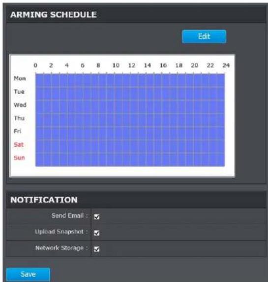 ARMING SCHEDULE Edit Mon Tue Wed Thu Fri Sat Sun 0 2 4 6 8 10 12 14 16 18 20 22 24 NOTIFICATION Send Email : ✓ Upload Snapshot : ✓ Network Storage : ✓ Save