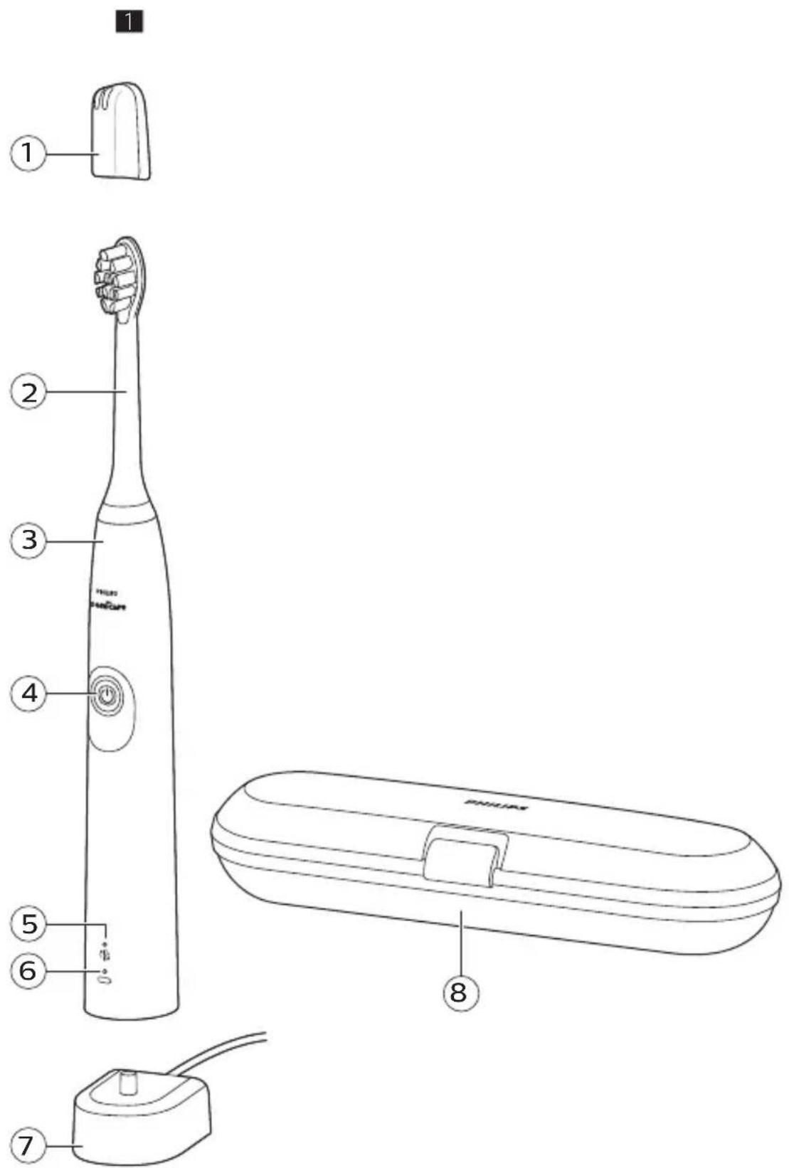Diagram of an electric toothbrush with labeled parts including a toothbrush, battery pack, and charging case