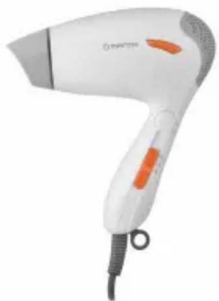 White hair dryer with orange handle and black cord, no visible text or symbols