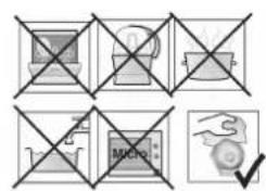 Diagram showing crossed-out icons for computer, monitor, and hand holding a circular object with checkmark