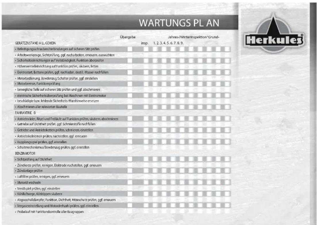 WARTUNGS PL AN Übergabe Jahres-/WinterInspektion*Grund- GERÄTEZUSTAND A LL GEMIEN insp: 1.2.3.4.5.6.7.8.9. • Befestigungsschrauben/Verbindungen auf sicheren Sitz prüfen • Arbeitsverzuge, Sichtprüfung, ggf. nacharbeiten, erneuem, auswuchten • Sicherheitsinrichtungen auf Vollständigkeit, Funktion überprüfen • Höhervensleitelnichtung auf Funktion prüfen, säubern, fetten • Elektrostart, Battere prüfen, ggf. nachladen, destill. Wasser nachfüllen • Motorbedienung, Bowdenzug/Schalter prüfen, ggf. einstellen • Motorbarense, Funktionsprüfung • bewegliche Teile auf sicheren Sitz prüfen und ggf. abschmierten • elektrische Sicherheitsüberprüfung bei Maschinen mit Elektromotor • beschädigte bzw. fehlende Sicherheits-Warrhinweise erseizen • Abschmieren aller relevanten Bauteile FAIVRANTRIE 6 • Antriebsräder, Ritzel und Frolläufe auf Funktion prüfen, säubern, abschmierten • Getriebe auf Dichtheit prüfen, ggf. Schmierstoffe nachfüllen • Getriebe und Antriebsketten prüfen, schmieren, einstellen • Antriebskoltrichen prüfen, nachstellen, ggf. erneuem • Kuspflungsspiel prüfen, ggf. einstellen • Schaltmechanismus/Bowdenzug prüfen, ggf. einstellen BENZINMOTOR • Sichtprüfung auf Dichtheis • Zündkerze prüfen, reinigen, Elektrode nachstellen, ggf. erneuem • Zündanlage prüfen • Luftfilter prüfen, reinigen, ggf. erneuem • Motoröl wechseln • Verilbspiel prüfen, ggf. einstellen • Köhlul/Biege, Köhlrippen Sübers • Abgaschalldamfer, Funktion, Dichtheit, Hitzeschutz prüfen, ggf. erneuem • Vergassereinstellung und Motordrehzahl prüfen, ggf. einstellen • Probelsauf mit Funktionskontrolle aller Beugruppen