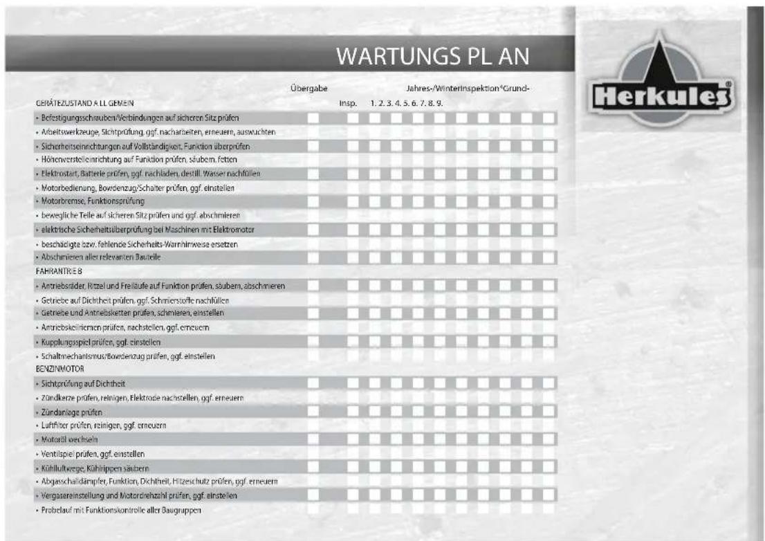 WARTUNGS PL AN Übergabe Jahres-/WinterInspektion*Grund- GERÄTEZUSTAND A LL GEMEN Insp. 1. 2. 3. 4. 5. 6. 7. 8. 9. • Befestigungsschrauben/Verbindungen auf sicheren Sitz prüfen • Arbeitswerkzeuge, Sichtprüfung, ggf. nacharbeiten, erneuern, auswachten • Sicherheitsseinrichtungen auf Vollständigkeit, Funktion überprüfen • Höhenversteileinrichtung auf Funktion prüfen, sübem, fatten • Elektrostart, Batterie prüfen, ggf. nachladen, destill Wasser nachfüllen • Motorbedienung, Bowdenzug/Schalter prüfen, ggf. einstellen • Motorbromse, Funktionsprüfung • bewegliche Teile auf sicheren Sitz prüfen und ggf. abschmeren • elektrische Sicherheitsüberprüfung bei Maschinen mit Elektromotor • beschädigte bzw. fahlende Sicherheits-Warrhinweise ersetzen • Abschmieren aller relevanten Bauteile FAHRANTRE 8 • Antriebsäder, Kittel und Freißufe auf Funktion prüfen, sübem, abschmeren • Getriebe auf Dichtheit prüfen, ggf. Schmierstoffe nachfüllen • Getriebe und Antriebskarten prüfen, schmieren, einstellen • Antriebschaftermen prüfen, nachstellen, ggf. erneuern • Kupplungsspiel prüfen, ggf. einstellen • Schaltmechanismus/Bowdenzug prüfen, ggf. einstellen BENZINMOTOR • Sichtprüfung auf Dichtheit • Zündkerze prüfen, reinigen, Elektrode nachstellen, ggf. erneuern • Zündanlage prüfen • Luftfilter prüfen, reinigen, ggf. erneuern • Motorall wechseln • Ventilspiel prüfen, ggf. einstellen • Kühlulftwege, Kührippen saubern • Abgaschaalämpfer, Funktion, Dichtheit, Flitzschutz prüfen, ggf. erneuern • Vergasereinstellung und Motorreihzahl prüfen, ggf. einstellen • Probelauf mit Funktionskontrolle aller Baugruppen