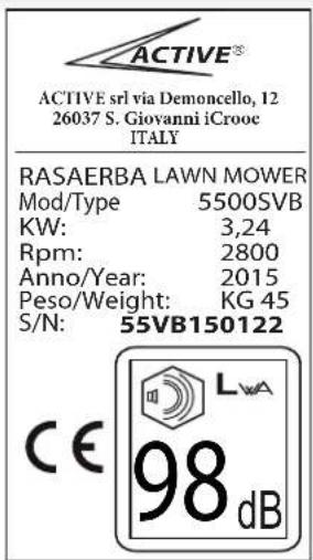 ACTIVE® ACTIVE srl via Demoncello, 12 26037 S. Giovanni iCrooc ITALY RASAERBA LAWN MOWER Mod/Type 5500SVB KW: 3,24 Rpm: 2800 Anno/Year: 2015 Peso/Weight: KG 45 S/N: 55VB150122 CE LWA 98 dB