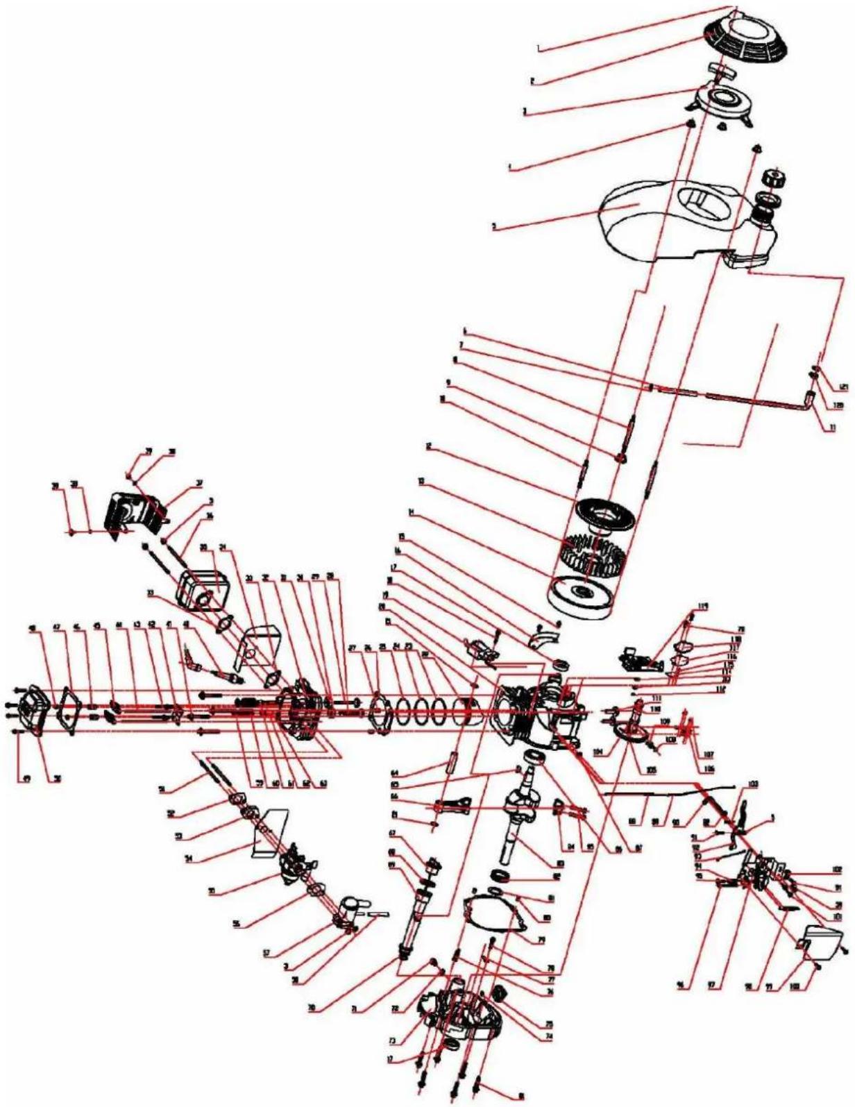 Technical diagram of a mechanical assembly with numbered components and red line annotations indicating assembly paths or parts.