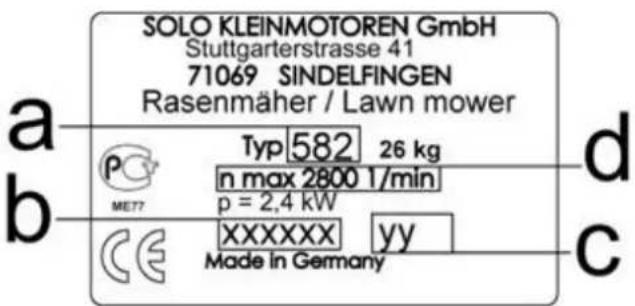 SOLO KLEINMOTOREN GmbH Stuttgarterstrasse 41 71069 SINDELFINGEN Rasenmäher / Lawn mower Typ 582 26 kg n max 2800 1/min p = 2,4 kW XXXXXX yy Made in Germany a b c d c PC MET7