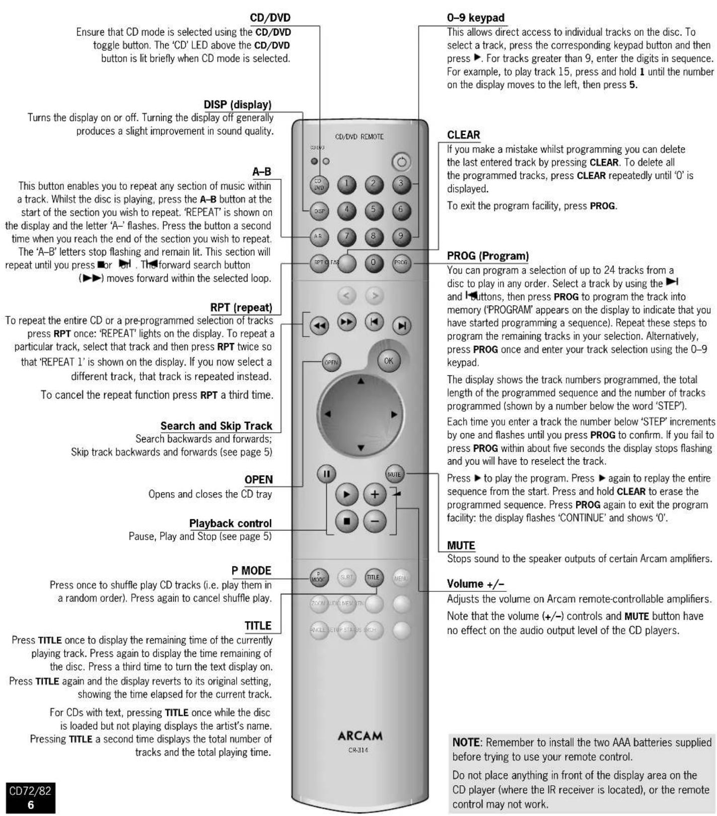 CD/DVD Ensure that CD mode is selected using the CD/DVD toggle button. The 'CD' LED above the CD/DVD button is lit briefly when CD mode is selected. CD/DVD REMOTE 0-9 keypad This allows direct access to individual tracks on the disc. To select a track, press the corresponding keypad button and then press ▶. For tracks greater than 9, enter the digits in sequence. For example, to play track 15, press and hold 1 until the number on the display moves to the left, then press 5. DISP (display) Turns the display on or off. Turning the display off generally produces a slight improvement in sound quality. CLEAR If you make a mistake whilst programming you can delete the last entered track by pressing CLEAR. To delete all the programmed tracks, press CLEAR repeatedly until '0' is displayed. To exit the program facility, press PROG. A-B This button enables you to repeat any section of music within a track. Whilst the disc is playing, press the A-B button at the start of the section you wish to repeat. 'REPEAT' is shown on the display and the letter 'A-' flashes. Press the button a second time when you reach the end of the section you wish to repeat. The 'A-B' letters stop flashing and remain lit. This section will repeat until you press ▶ or ▶ ▶ . The forward search button (▶▶) moves forward within the selected loop. PROG (Program) You can program a selection of up to 24 tracks from a disc to play in any order. Select a track by using the ▶ and ▶ buttons, then press PROG to program the track into memory ('PROGRAM' appears on the display to indicate that you have started programming a sequence). Repeat these steps to program the remaining tracks in your selection. Alternatively, press PROG once and enter your track selection using the 0-9 keypad. The display shows the track numbers programmed, the total length of the programmed sequence and the number of tracks programmed (shown by a number below the word 'STEP'). Each time you enter a track the number below 'STEP' increments by one and flashes until you press PROG to confirm. If you fail to press PROG within about five seconds the display stops flashing and you will have to reselect the track. Press ▶ to play the program. Press ▶ again to replay the entire sequence from the start. Press and hold CLEAR to erase the programmed sequence. Press PROG again to exit the program facility: the display flashes 'CONTINUE' and shows '0'. MUTE Stops sound to the speaker outputs of certain Arcam amplifiers. Volume +/- Adjusts the volume on Arcam remote-controllable amplifiers. Note that the volume (+/-) controls and MUTE button have no effect on the audio output level of the CD players. DISP (display) To repeat the entire CD or a pre-programmed selection of tracks press RPT once: 'REPEAT' lights on the display. To repeat a particular track, select that track and then press RPT twice so that 'REPEAT 1' is shown on the display. If you now select a different track, that track is repeated instead. To cancel the repeat function press RPT a third time. RPT (repeat) Search and Skip Track Search backwards and forwards; Skip track backwards and forwards (see page 5) OPEN Opens and closes the CD tray Playback control Pause, Play and Stop (see page 5) P MODE Press once to shuffle play CD tracks (i.e. play them in a random order). Press again to cancel shuffle play. TITLE Press TITLE once to display the remaining time of the currently playing track. Press again to display the time remaining of the disc. Press a third time to turn the text display on. Press TITLE again and the display reverts to its original setting, showing the time elapsed for the current track. For CDs with text, pressing TITLE once while the disc is loaded but not playing displays the artist's name. Pressing TITLE a second time displays the total number of tracks and the total playing time. ARCAM CR-314 NOTE: Remember to install the two AAA batteries supplied before trying to use your remote control. Do not place anything in front of the display area on the CD player (where the IR receiver is located), or the remote control may not work.