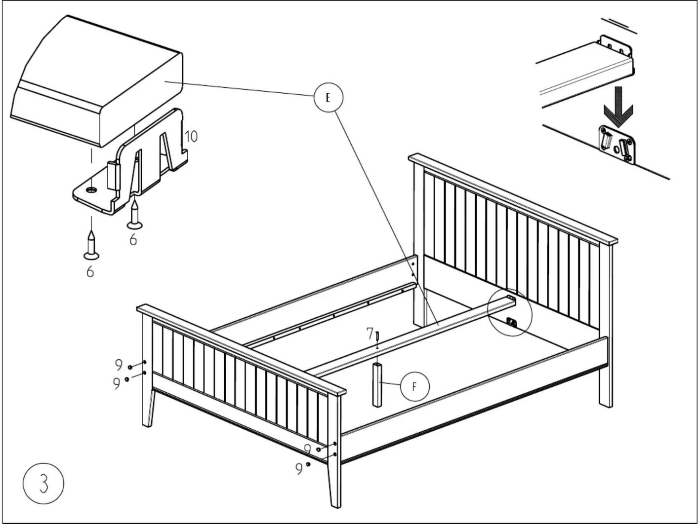 Technical diagram of a baby crib with labeled parts and assembly instructions