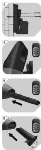 Diagram showing step-by-step instructions for installing a device, including front, side, and back views with directional arrows.