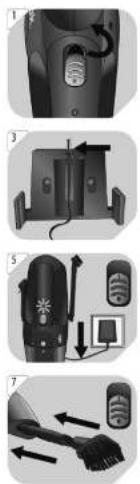Diagram showing steps to organize a hairdryer with labeled parts and directional arrows indicating motion.