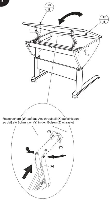 2x E 1x 8 Rasterschere (W) auf das Anschraubteil (X) aufschieben, so daß sie Bohrungen (Y) in den Bolzen (Z) einrastet. (X) (Y) (Z) (W)