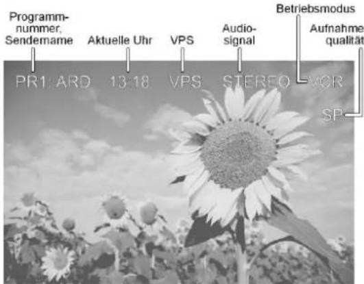 Programm- nummer, Sendemame Aktuelle Uhr VPS Audio- signal PR1: ARD 13:18 VPS STEREO-MOR Betriebsmodus Aufnahme qualität SP